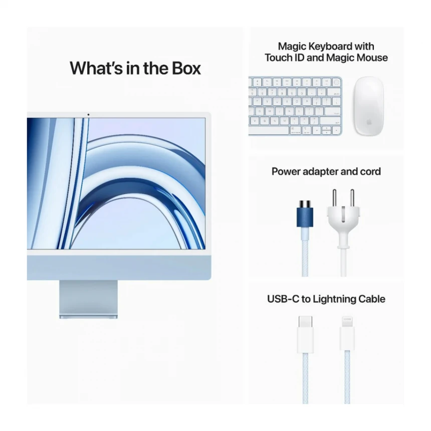 24-inčni iMac M3 sa 4,5K Retina displejom, 8-jezgarnim CPU-om, 10-jezgarnim GPU-om, 8GB objedinjene memorije i 256GB SSD-om - Blue