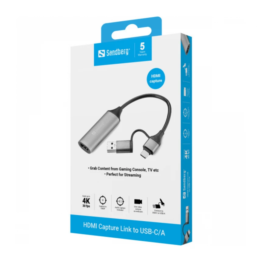 Adapter HDMI capture na USB-C/A Sandberg 136-70