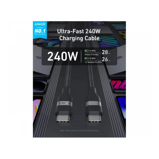 ANKER USB tip-C kabl M/M 1.8m, za Super brzo punjenje 240W/480Mbps, pleteni, crni 