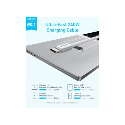 ANKER Zolo USB tip-C kabl M/M 1m, za Apple, super brzo punjenje 240W/480Mbps, pleteni, beli 