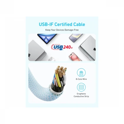 ANKER Zolo USB tip-C kabl M/M 1m, za Apple, super brzo punjenje 240W/480Mbps, pleteni, beli 