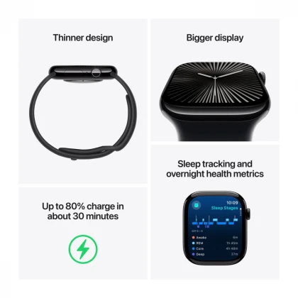 Apple Watch Series 10 GPS 42mm Jet Black Aluminium Case with Black Sport Band - M/L