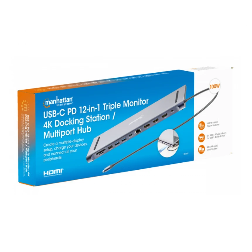 Docking station Manhattan 12in1 USB-C 100W-2xHDMI/DP/GLAN/3xUSB/USB-C 190305