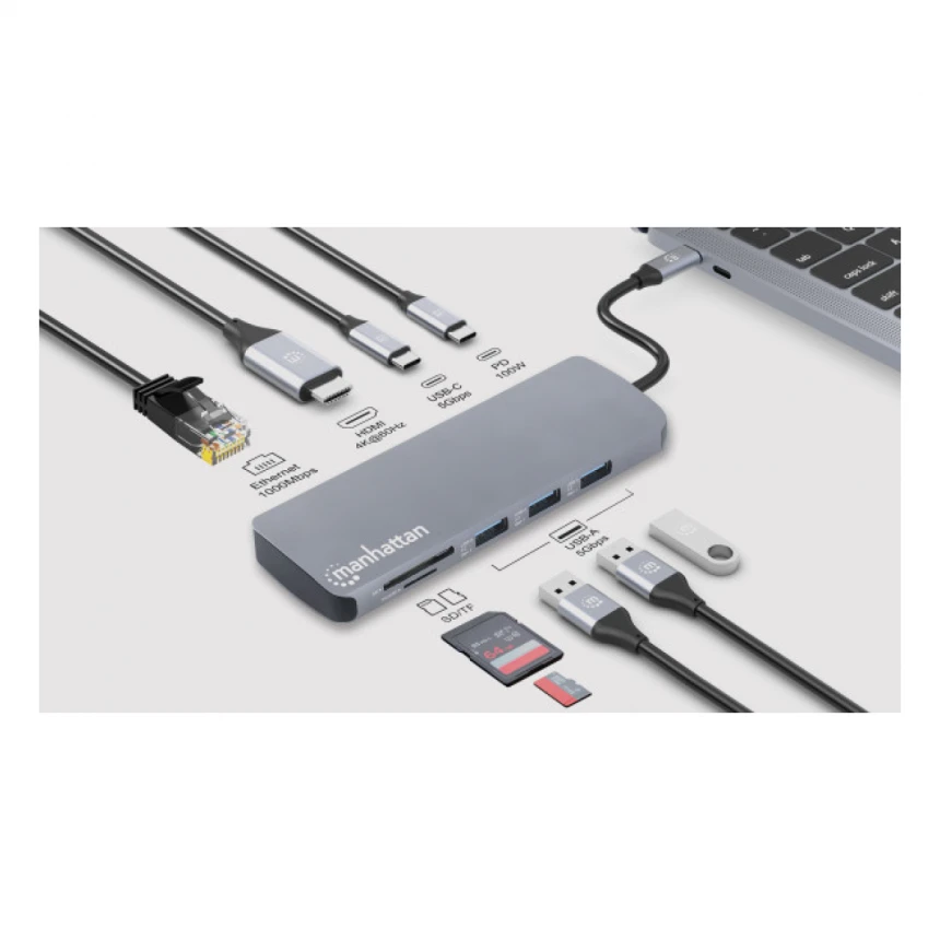 Docking station Manhattan 190459 9in1 USB-C - 1xHDMI/5xUSB/LAN/CR/PD 100W