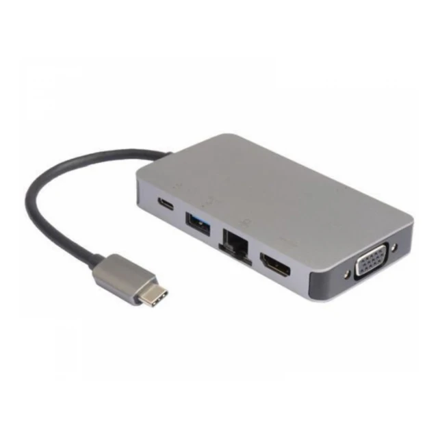 E-GREEN Adapter USB 3.1 tip C (M) - HDMI + VGA + 2xUSB 3.0 + RJ45 + tip C (F) beli 