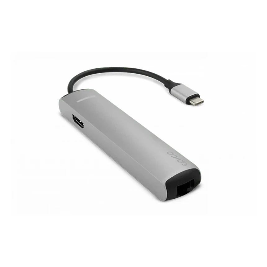 Epico Type-C Hub SLIM 4K HDMI &amp; Ethernet - silver, black cable