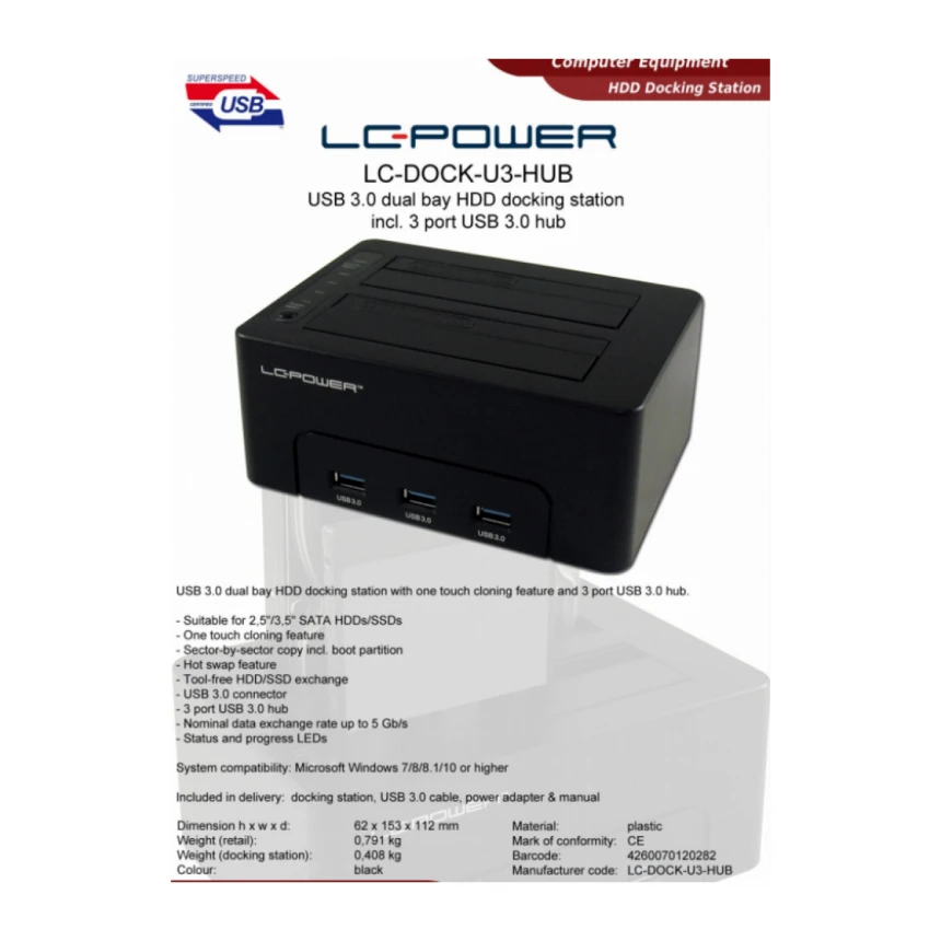 HDD D. Station dual bay LC-DOCK-U3-HUB 2xSSD/HDD, Black ,3x USB3.0 HUB