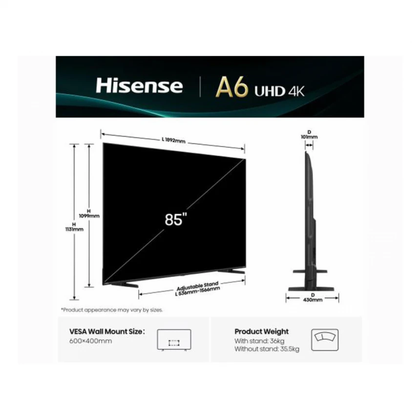 HISENSE 85 inča 85A6Q LED 4K UHD Smart TV 