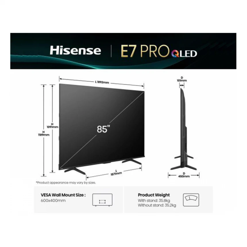 HISENSE 85 inča 85E7Q PRO QLED 4K UHD Smart TV 