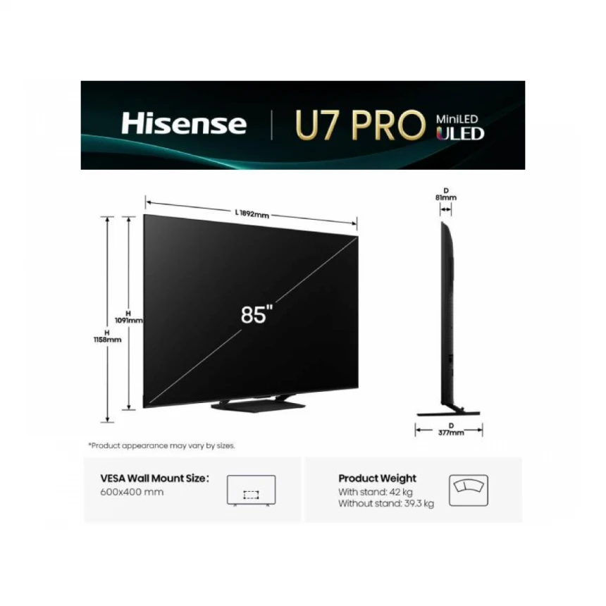 HISENSE 85 inča 85U7Q PRO ULED Mini-LED 4K UHD Smart TV 