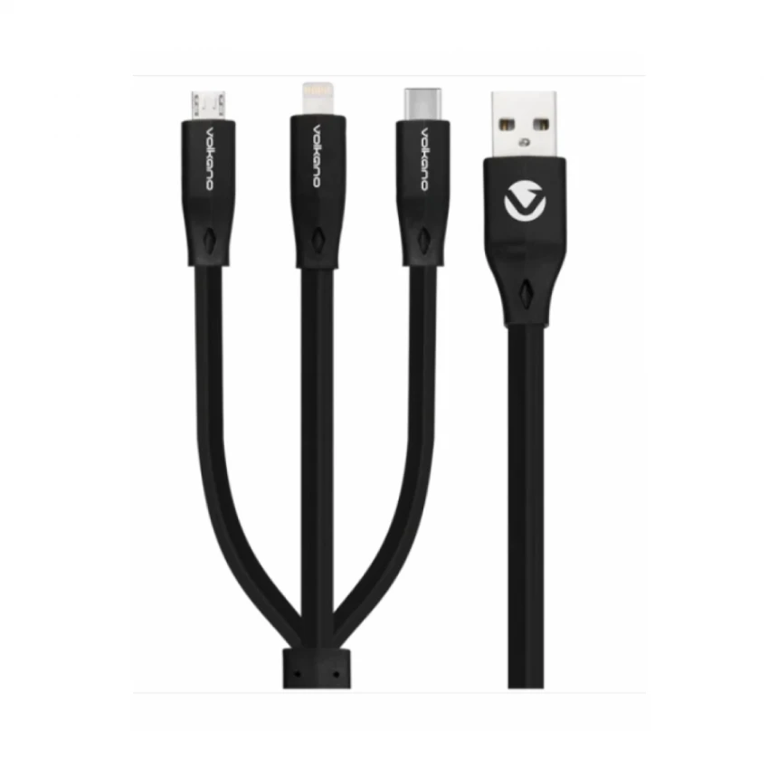 Kabl Volkano VK-20086-BK Slim Series Flat PVC 3-in-1 USB-C/Lightning/Micro