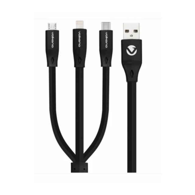 Kabl Volkano VK-20086-BK Slim Series Flat PVC 3-in-1 USB-C/Lightning/Micro