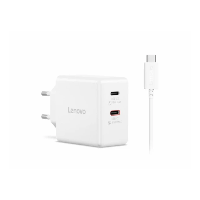 Lenovo Dual USB-C 65W GaN punjac beli