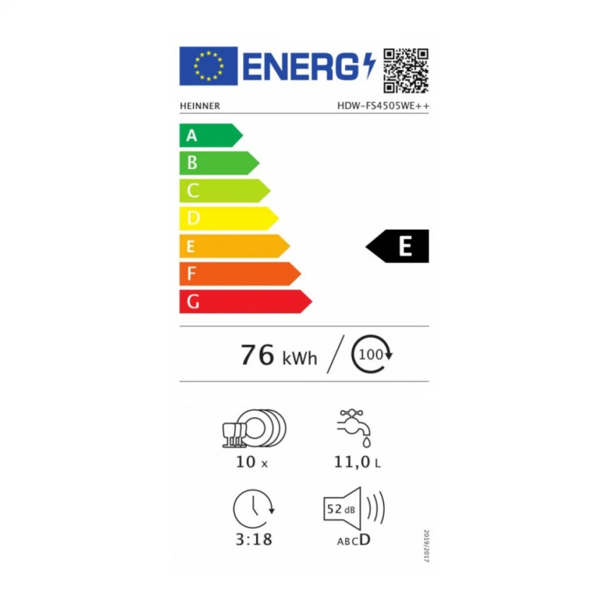 Mašina za pranje sudova HEINNER HDW-FS4552WE++ 10kompleta/5prog/45cm/bela