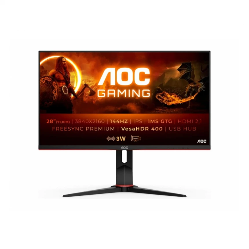 Monitor AOC U28G2XU2/BK 28"/IPS/3840x2160/144Hz/1ms GtG/HDMIx2,DP,USB/freesync/pivot,visina/crna