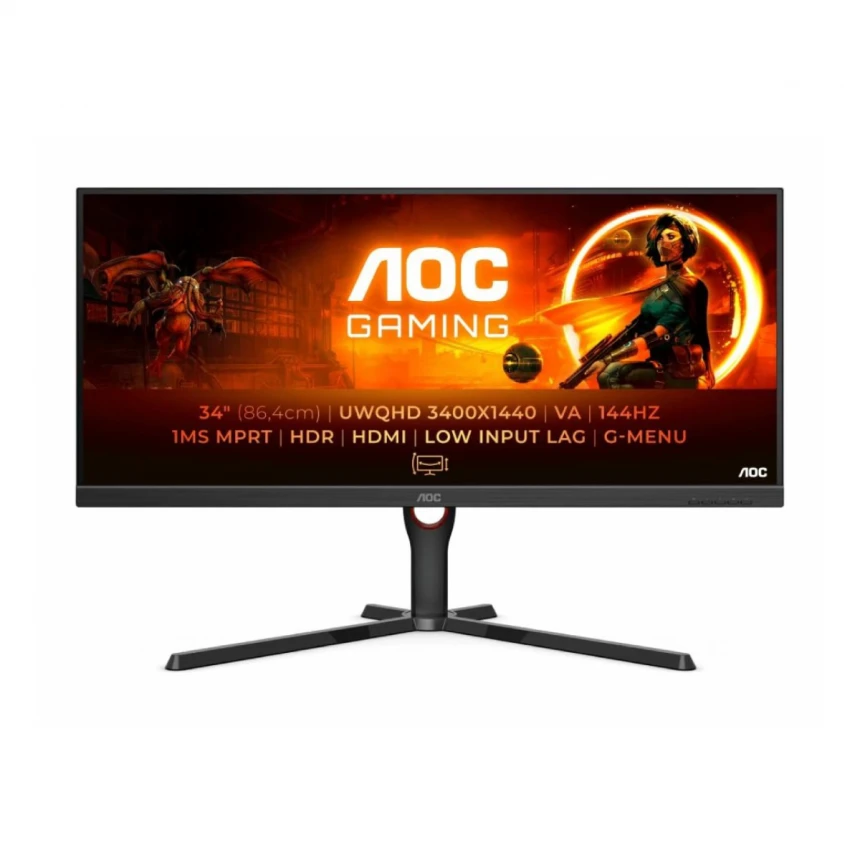 Monitor AOC U34G3XM/EU 34"/VA,21:9/3440x1440/144Hz/1ms MPRT/HDMIx2,DP/Freesync/visina/VESA/crna