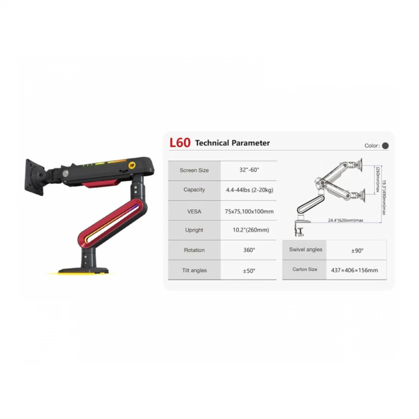 NORTH BAYOU L60 Gaming stoni nosač za monitor mat crni 
