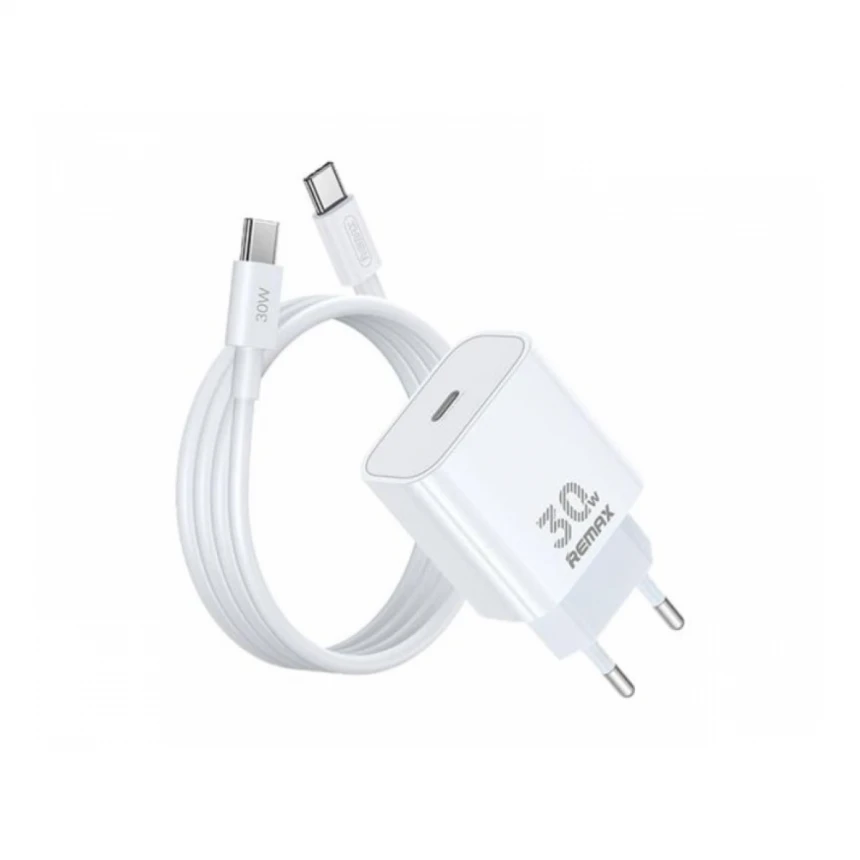 REMAX RP-U71 Strujni punjač GaN 30W USB-C i USB-C na USB-C 1m kabl beli 