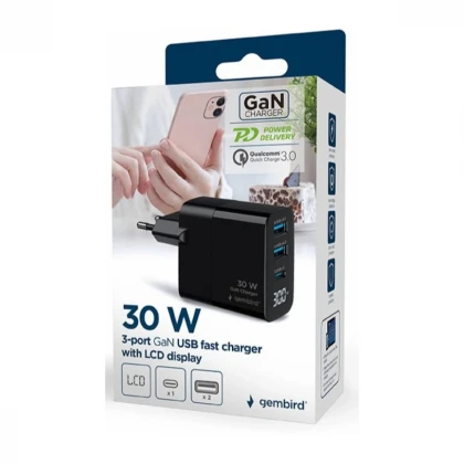 TA-UC-PDQC30LCD-BK-02 Gembird GaN USB brzi punjac, 30W 3-port (2xUSB-A+ USB-C)