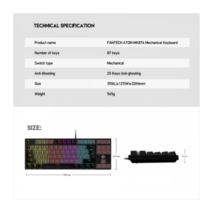Tastatura USB Fantech MK876 RGB Atom TKL (Blue switch) US crna