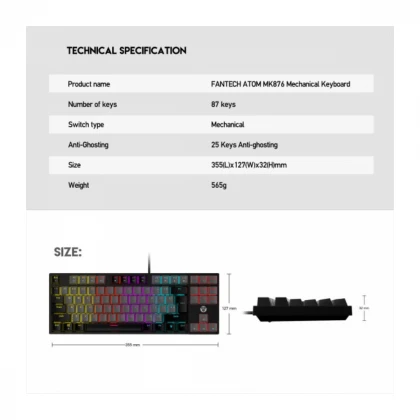 Tastatura USB Fantech MK876 RGB Atom TKL (Blue switch) US crna
