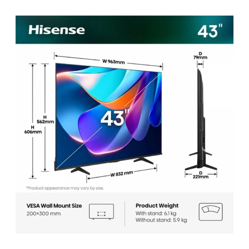 Televizor Hisense H43E6ST Smart, DLED, UHD 4K, 43"(109cm), DVB-C, DVB-T2, DVB-S2