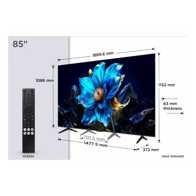 Televizor TCL 85P7K/QLED/85"/4K UHD/60Hz/Google TV/crna