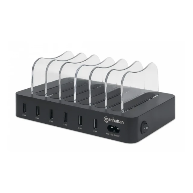 USB punjač 6-port Manhattan 102254 5V/2.4V/50W/držač za telefon Crni