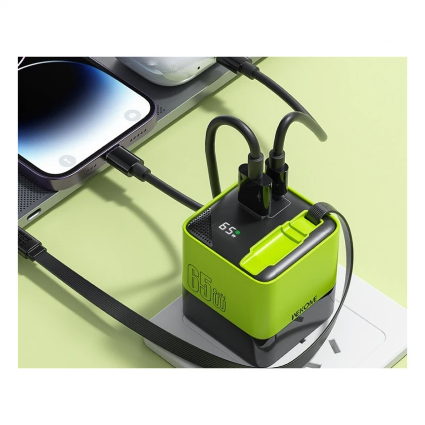 WEKOME WP-U39 Superbrzi Strujni GaN punjač, 2-porta USB (3.0 i 3.1 tip C) 65W sa displlejom i USB 3.1 tip C kablom 0.8m, žuti