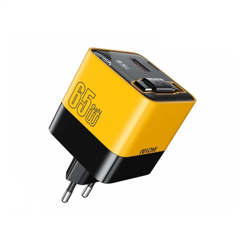 WEKOME WP-U39 Superbrzi Strujni GaN punjač, 2-porta USB (3.0 i 3.1 tip C) 65W sa displlejom i USB 3.1 tip C kablom 0.8m, žuti
