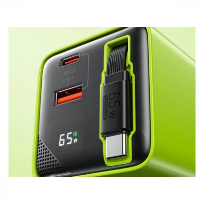 WEKOME WP-U39 Superbrzi Strujni GaN punjač, 2-porta USB (3.0 i 3.1 tip C) 65W sa displlejom i USB 3.1 tip C kablom 0.8m, žuti 