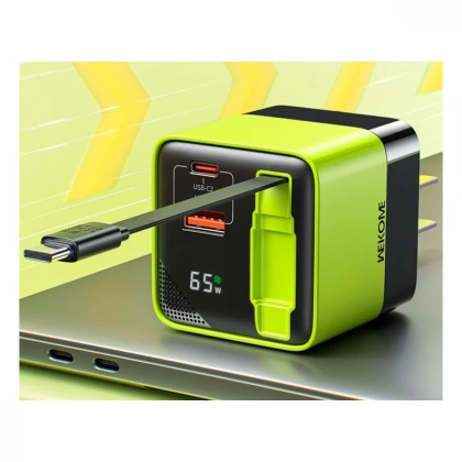 WEKOME WP-U39 Superbrzi Strujni GaN punjač, 2-porta USB (3.0 i 3.1 tip C) 65W sa displlejom i USB 3.1 tip C kablom 0.8m, žuti 