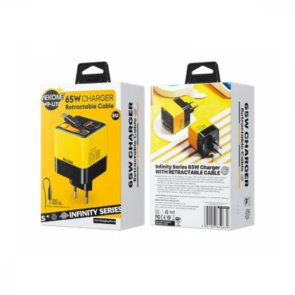 WEKOME WP-U39 Superbrzi Strujni GaN punjač, 2-porta USB (3.0 i 3.1 tip C) 65W sa displlejom i USB 3.1 tip C kablom 0.8m, žuti 