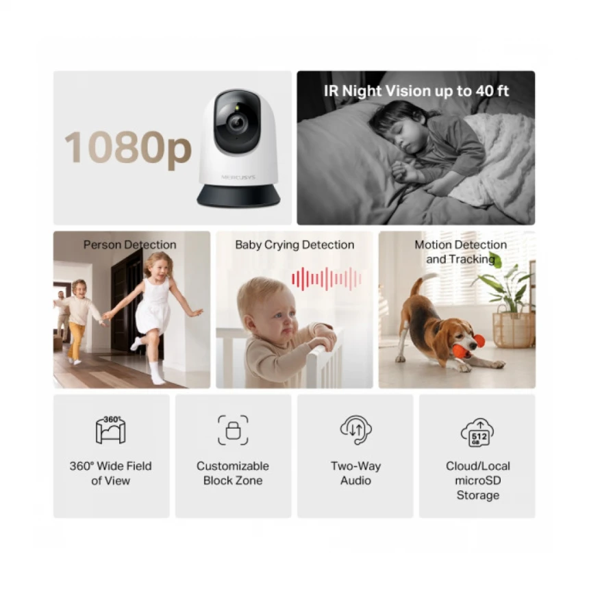 WiFi kamera Mercusys MC200 PTZ/FHD/Micro SD